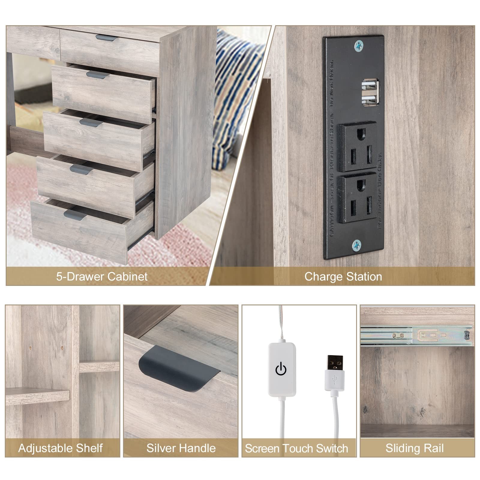Makeup Vanity Desk Set with Lighted Mirror 10 Bulbs Shelves 6 Drawers Stool Grey