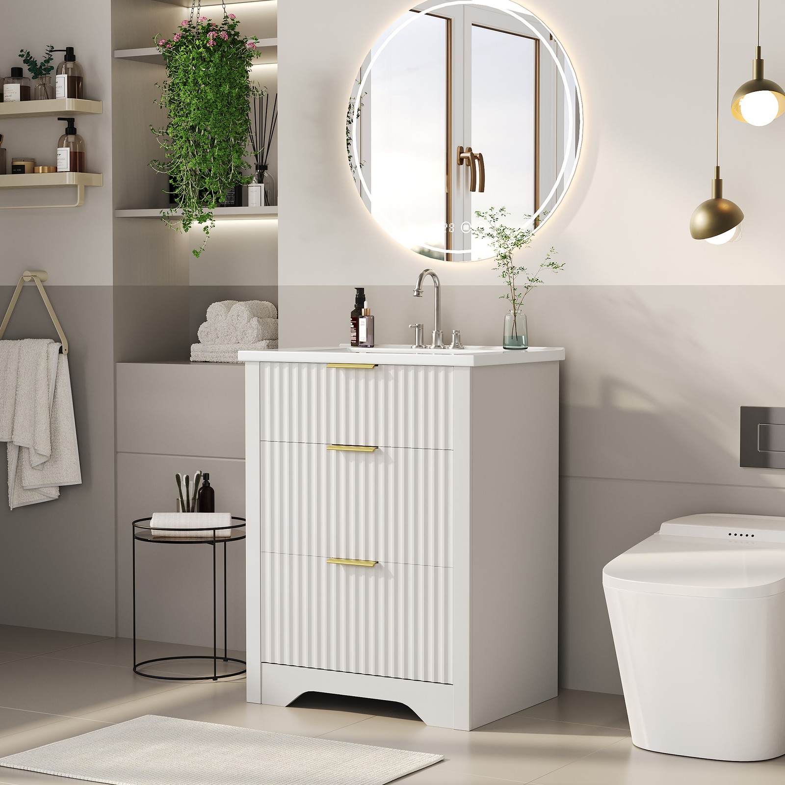 24″ Freestanding Bathroom Vanity w/Sink, Modern Fluted Bathroom Vanity Cabinet