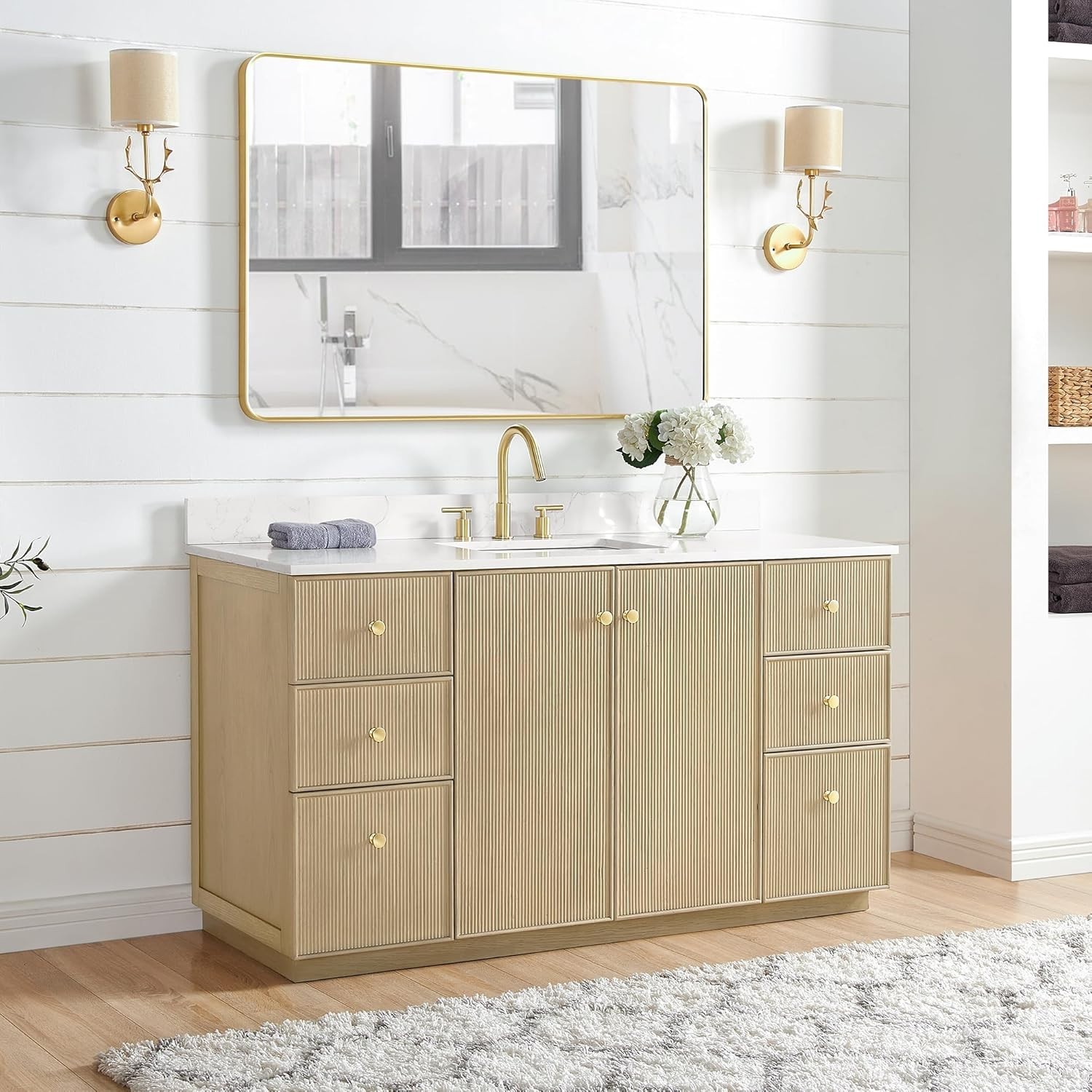 VINNOVA Oza 60″ Single Bath Vanity in Aged Natural Oak with Fish Maw White Quart