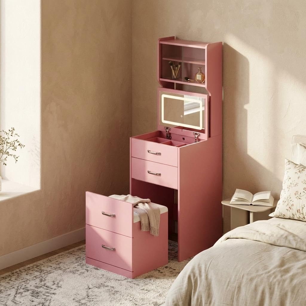 3-in-1 Compact Makeup Vanity Desk with Turnover Top Mirror