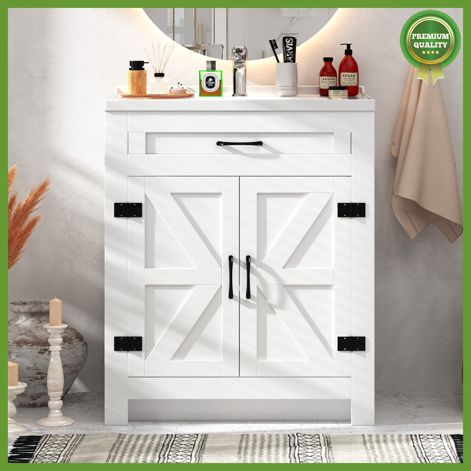 31” White Wood Bathroom Vanity Combo with Drop in Ceramic Sink Storage Cabinet