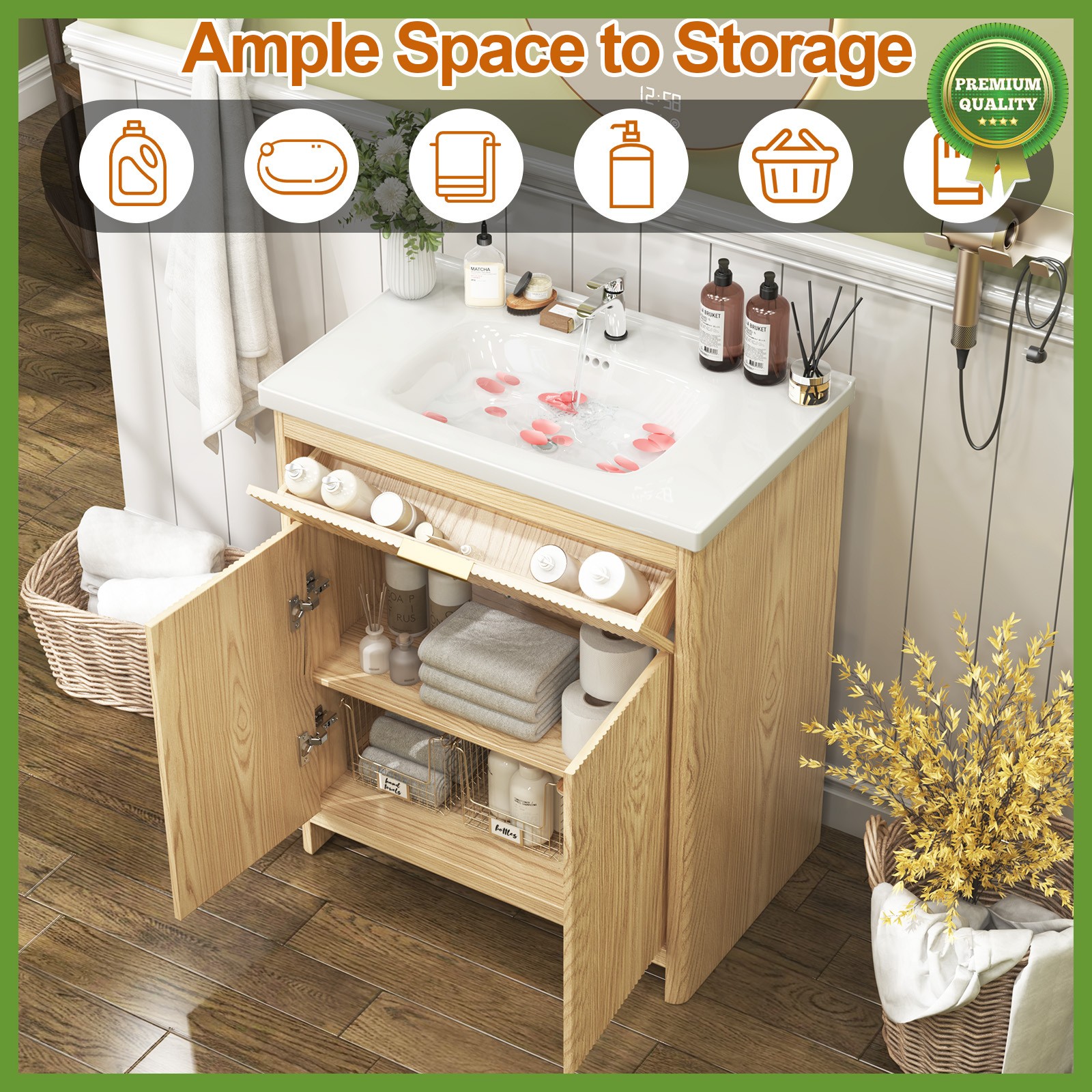 31″ Wooden Freestanding Bathroom Vanity Storage Cabinet & Ceramic Sink Modern