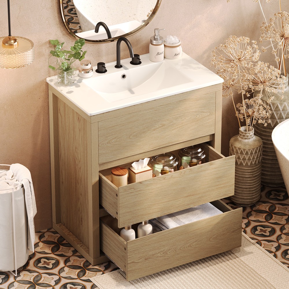 30″ Bathroom Vanity w/ Ceramic Sink, Freestanding Bath Vanity Cabinet, 2 Drawers