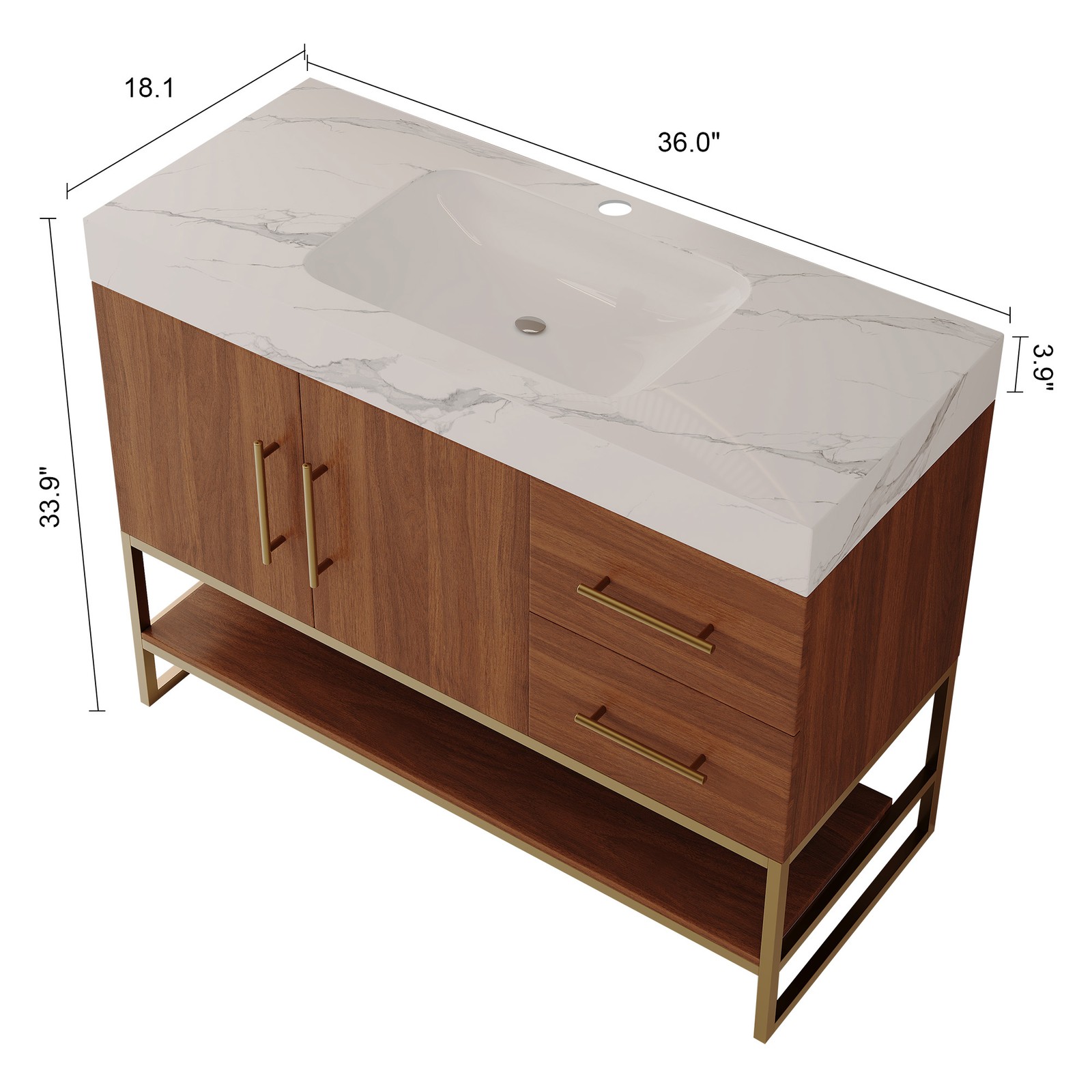 36″ Bathroom Vanity with Ceramic Sink & Stone Top, Gold Walnut White