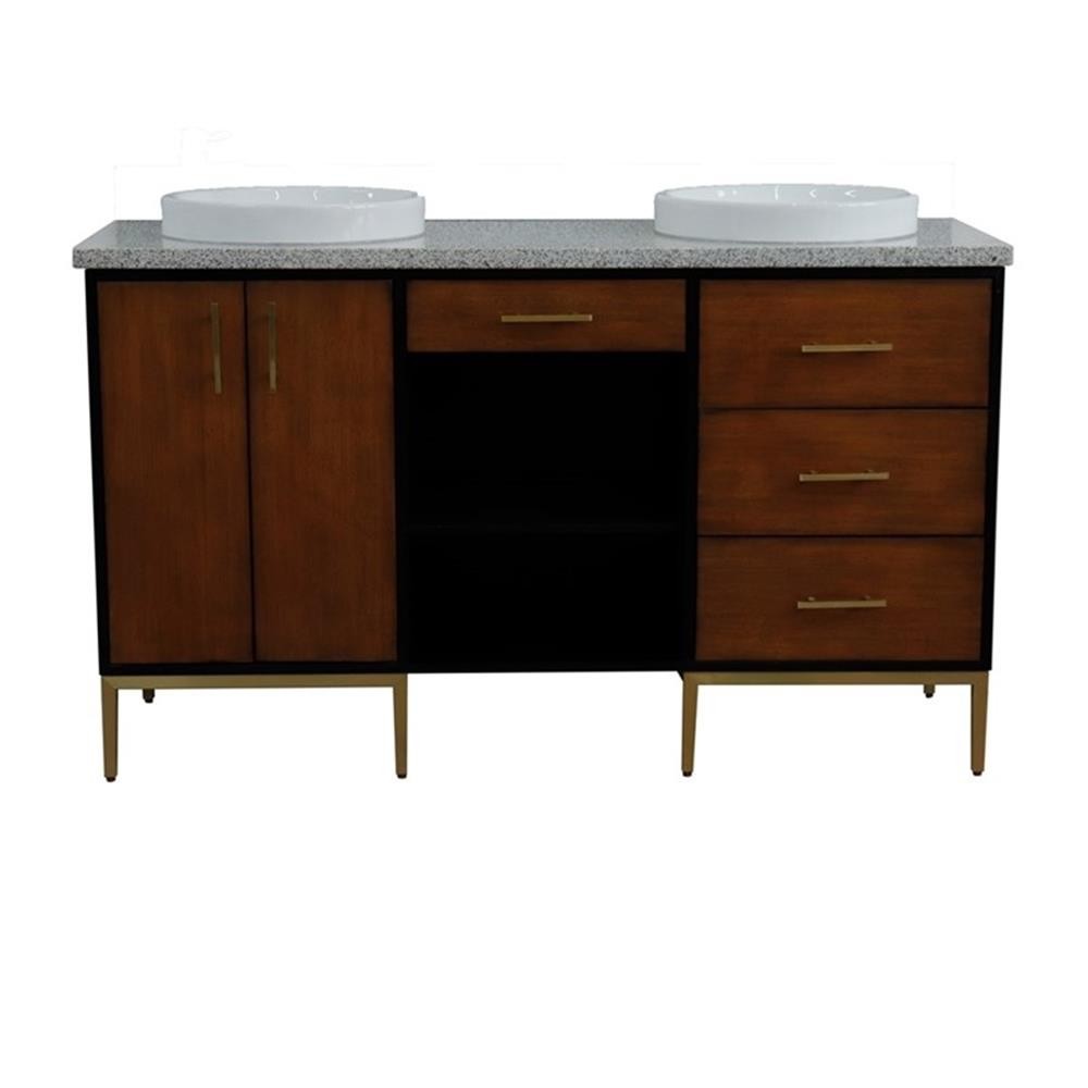 61 in. Double Wooden Vanity Walnut Black Gray Granite Round Sink