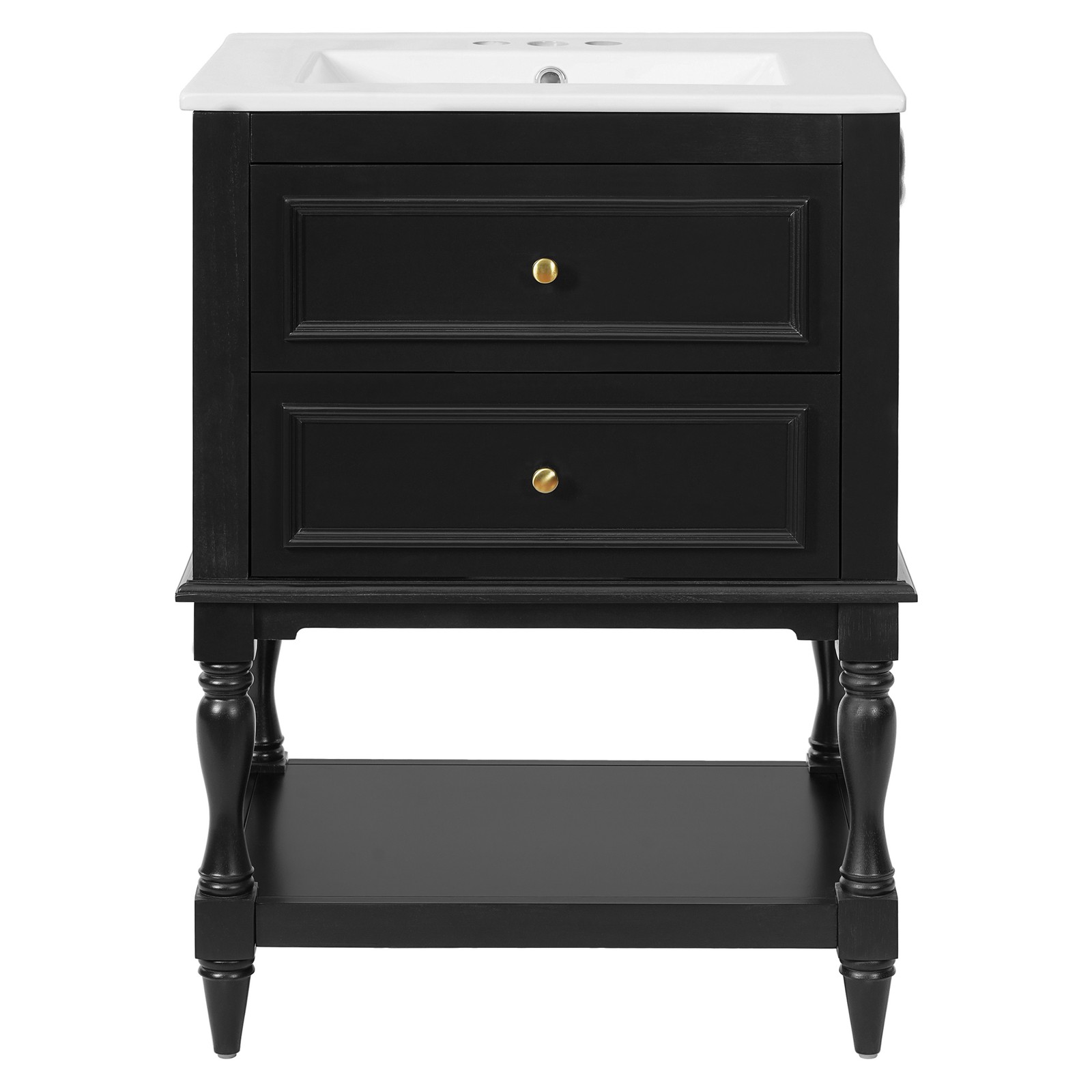 FUNIDEE 24″ Bathroom Vanity with Ceramic Sink Storage Cabinet w/ 2 Drawers Black