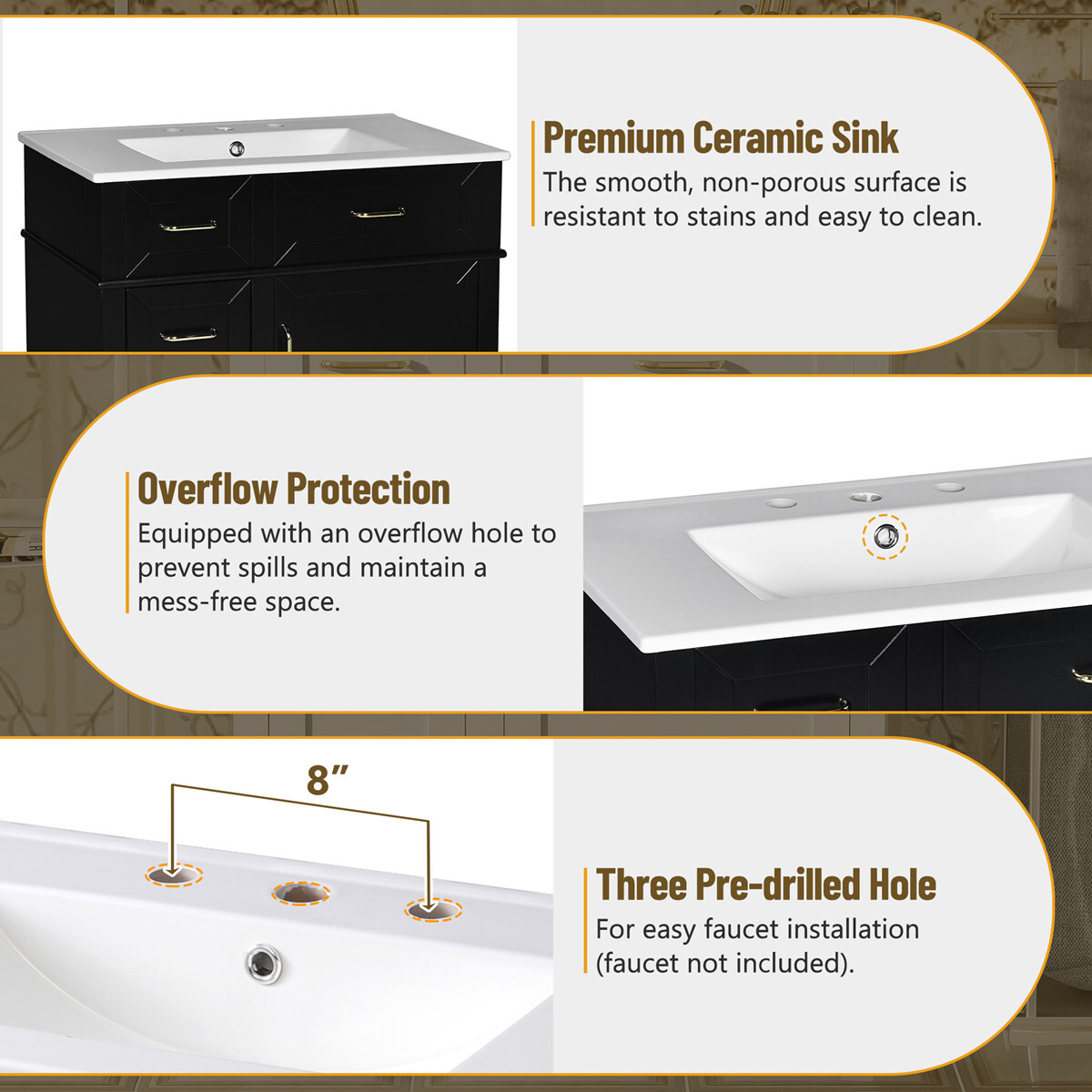30″ Bathroom Vanity w/Sink, 3 Drawers, Freestanding Vanity Cabinet, Adjust Shelf