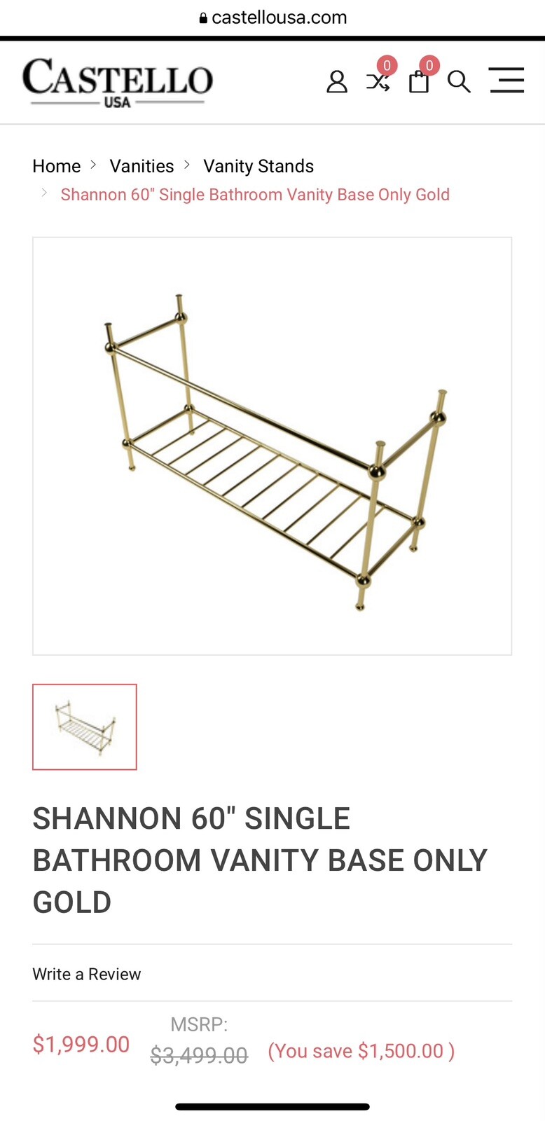SHANNON 60″ SINGLE BATHROOM VANITY BASE ONLY GOLD