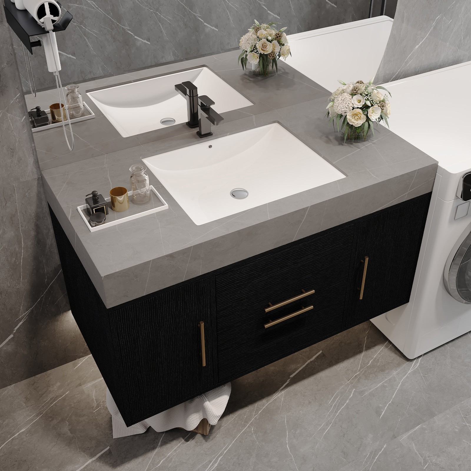 Floating Bathroom Vanity w/Faux Marble Top,Ceramic Sink, Wood Storage Cabinets