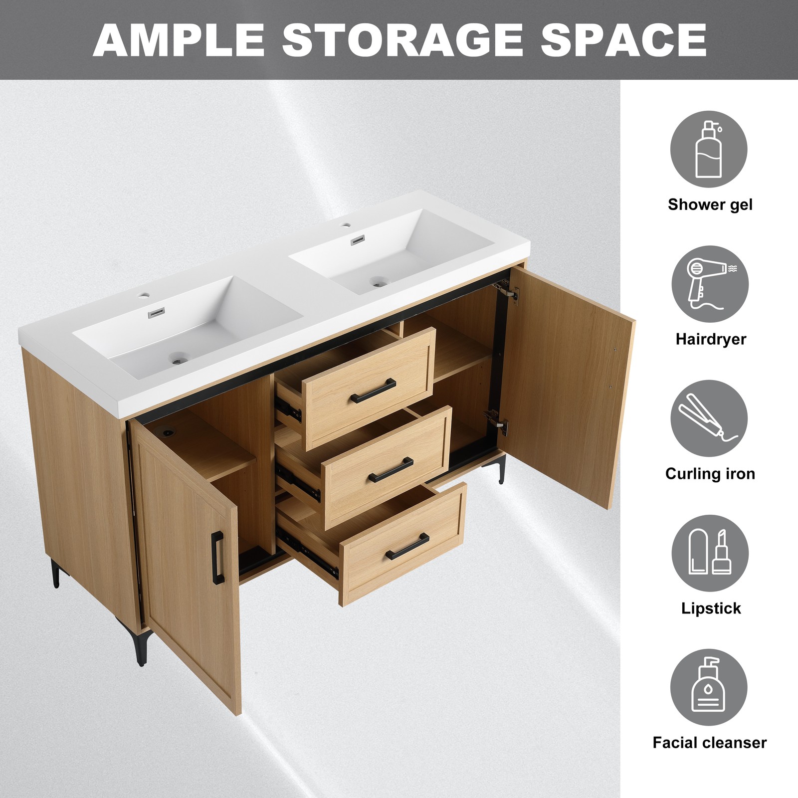 60 in Plywood Bathroom Vanity Freestanding W/Double Resin Sink +2 Doors 3Drawers