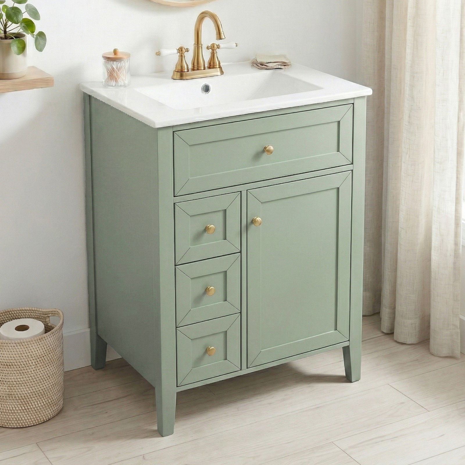 24″ Light Green Bathroom Vanity with Ceramic Sink and Storage Drawers