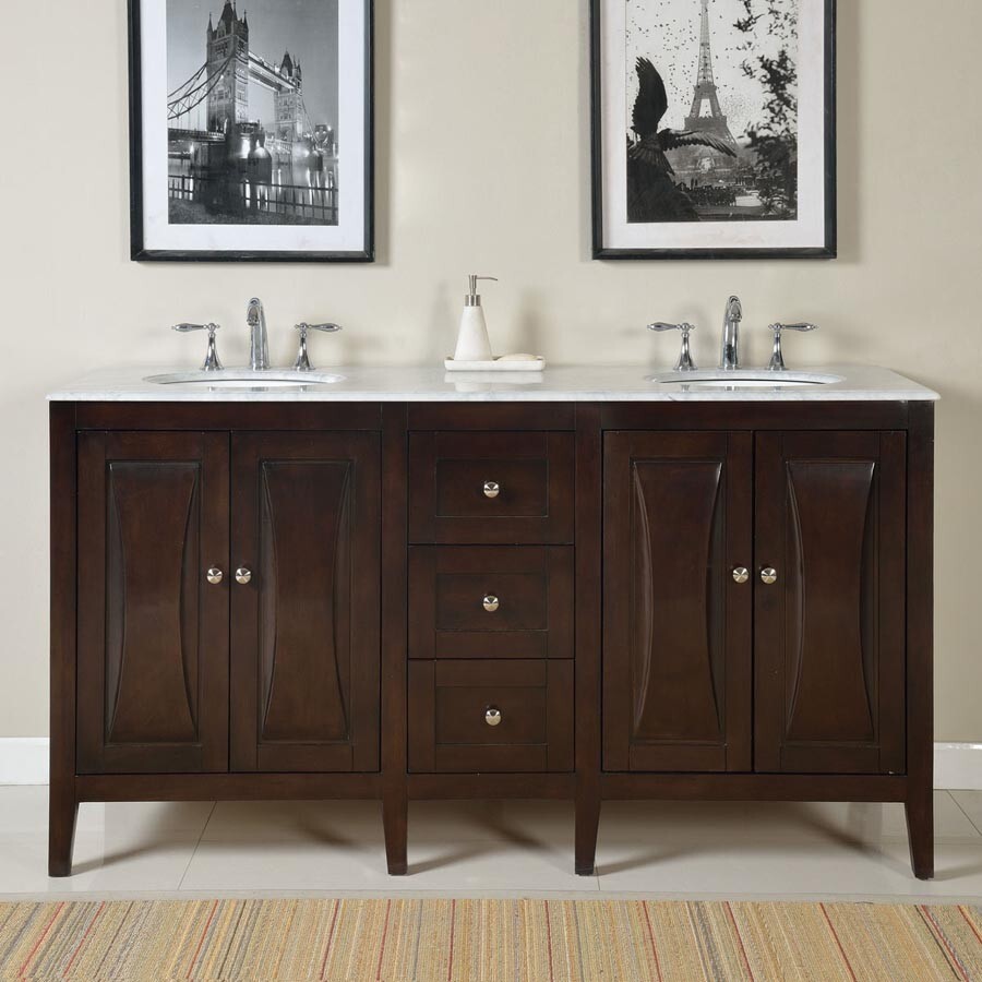 68in Silkroad Exclusive FS-0269-WM-UWC-68 Double Carrara Marble D. Walnut Vanity