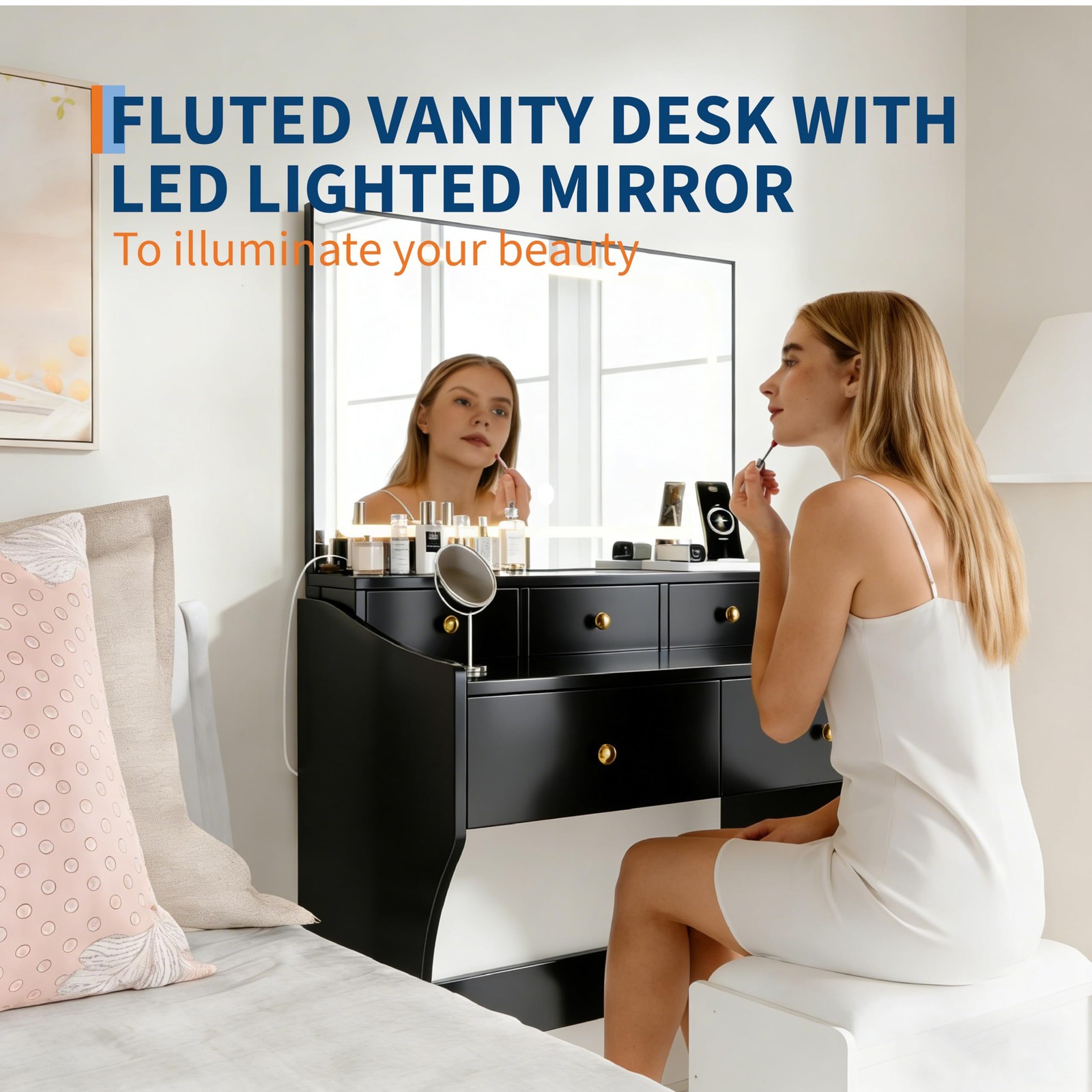 31.5-Inch Vanity Set Stool LED Mirror Hairdryer Holder Power Outlet