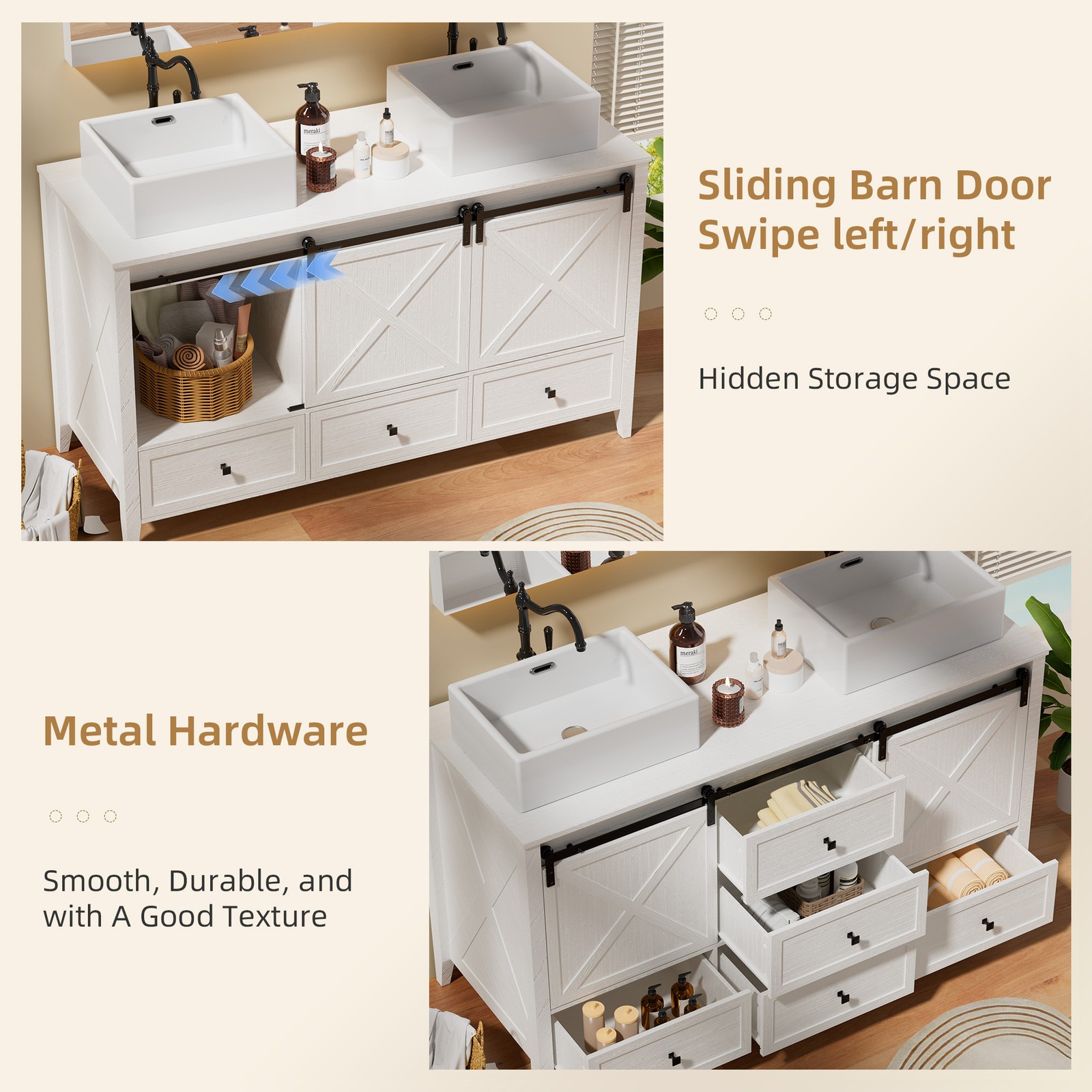 60″ Bathroom Vanity Combo Storage Cabinet FloorStanding w/Sink Set White Wood