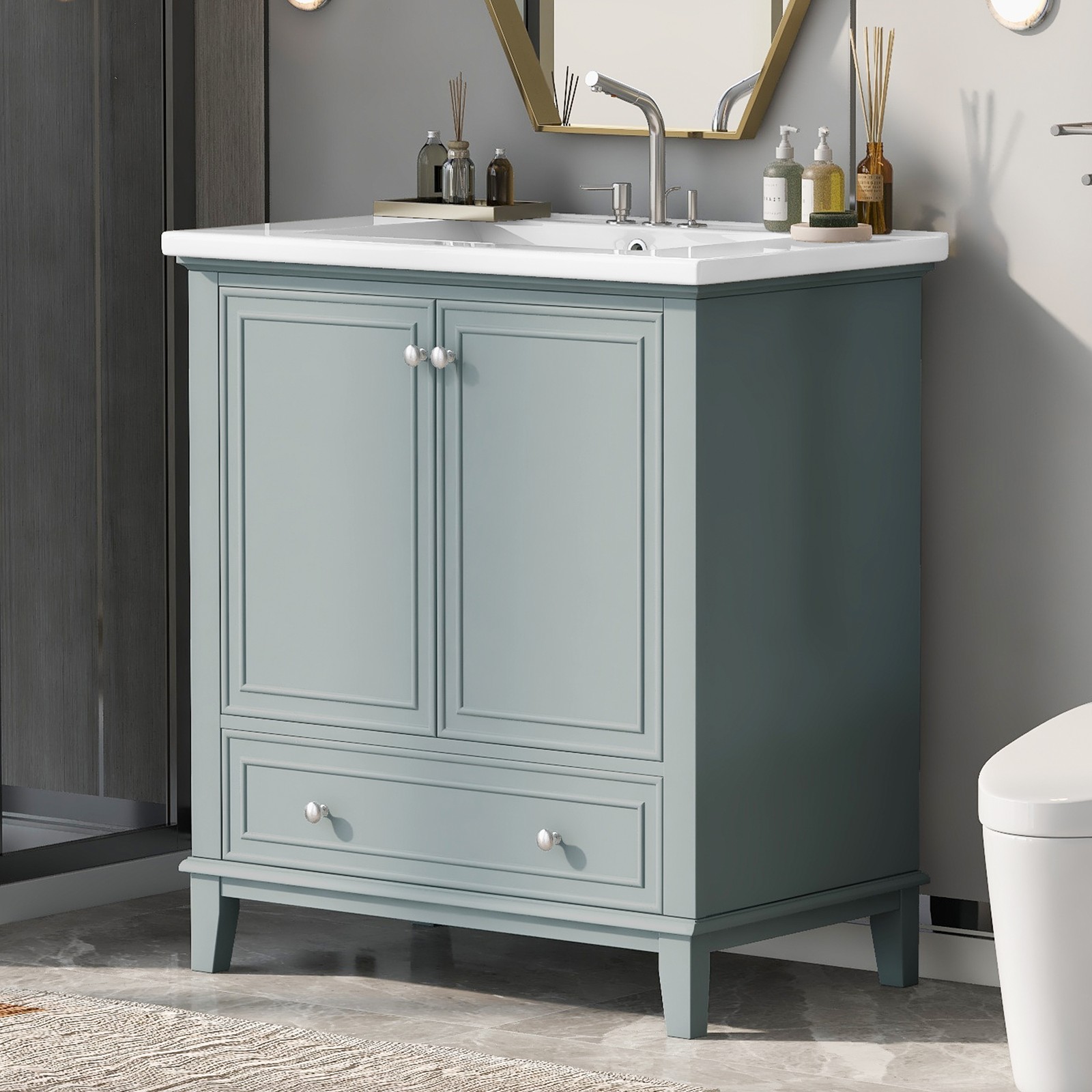 30″ Bathroom Vanity with Ceramic Sink Freestanding Wood Storage Cabinet w/Drawer