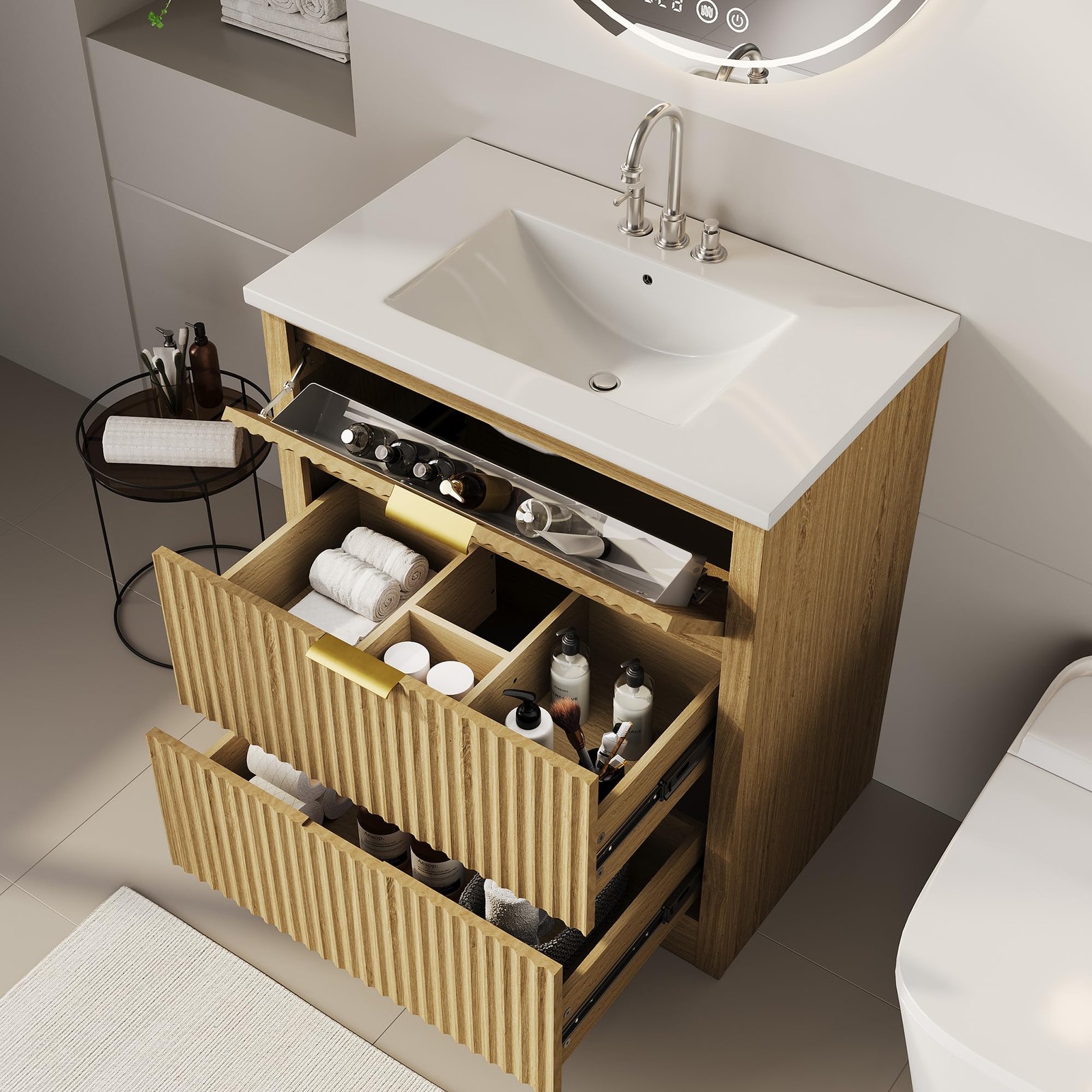 30″ Fluted Bathroom Vanity w/Sink, Freestanding Bathroom Sink Cabinet w/Drawers