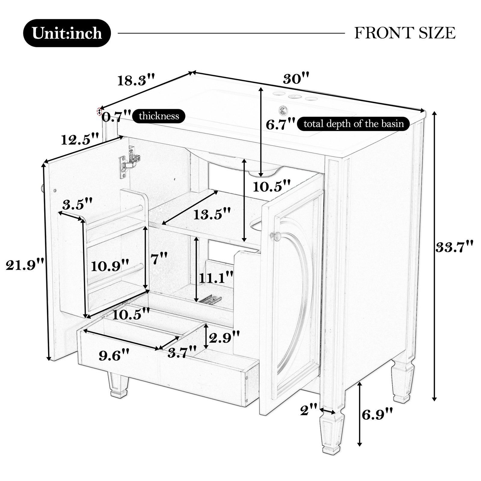 30″ Bathroom Vanity with Sink, Two Doors & Drawer, White