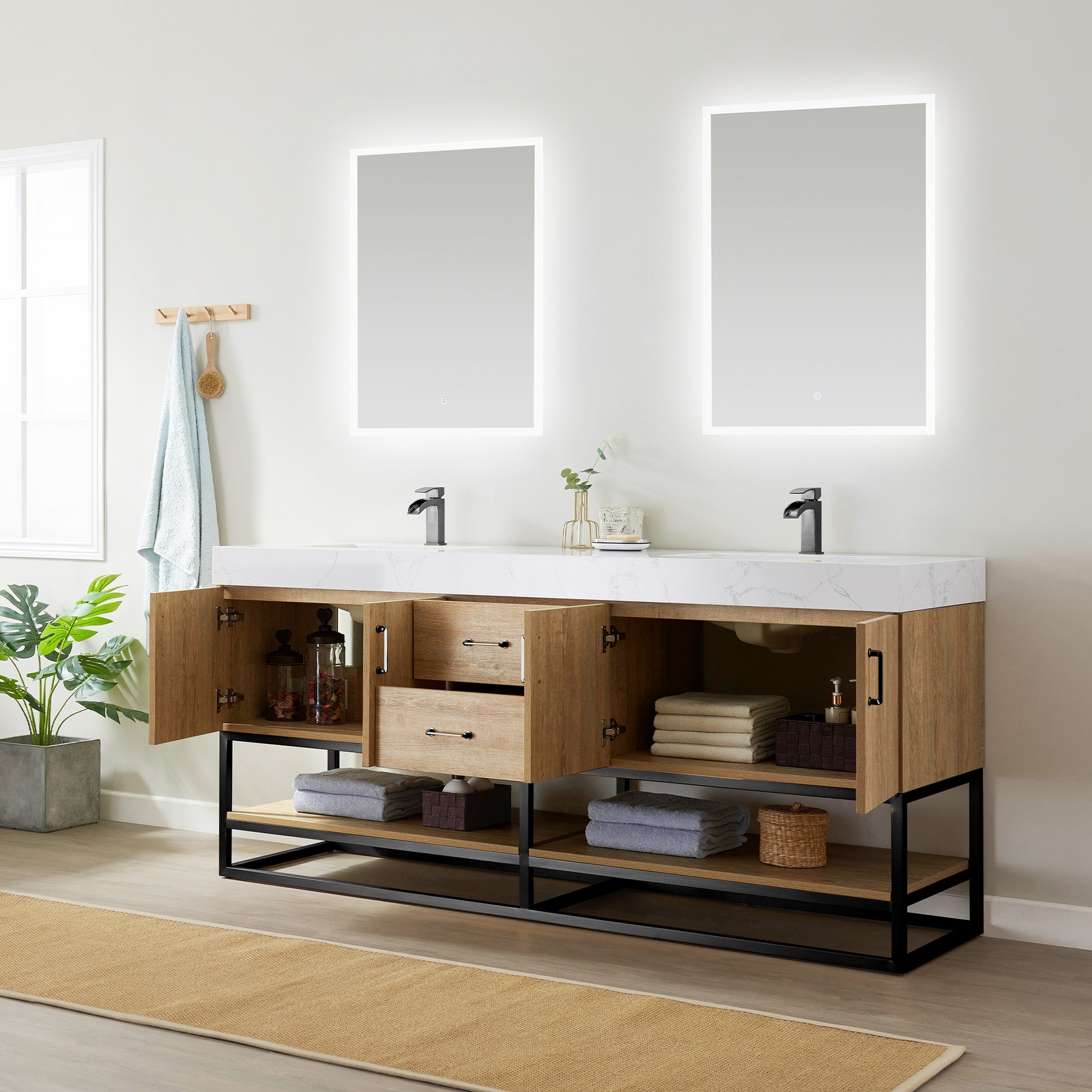 Vinnova Alistair 72″ White Stone Top Oak Double Vanity Black Frame w/o Mirror
