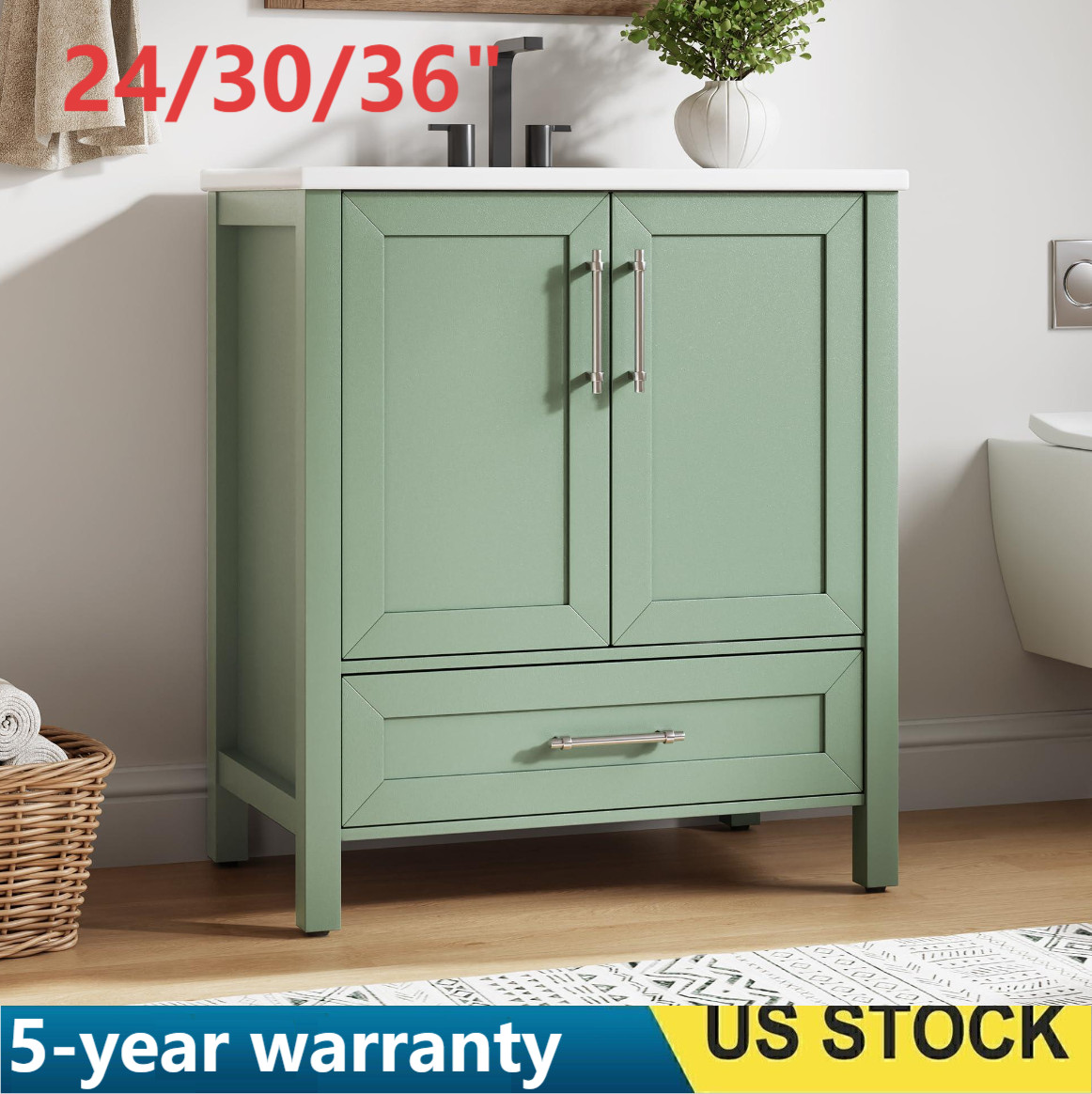 24″ 30″ 36” Bathroom Vanity w3 Sink, Freestanding Bath Cabinet 2 Doors, Drawer