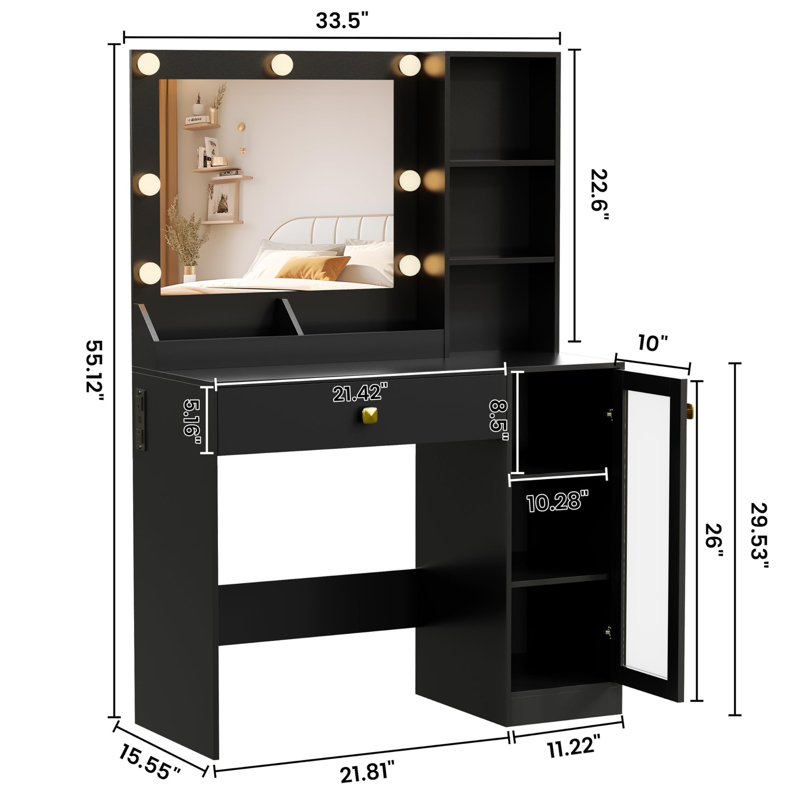 34in Makeup Vanity with Mirror Lights Charging Station 3 Color Lighting Modes