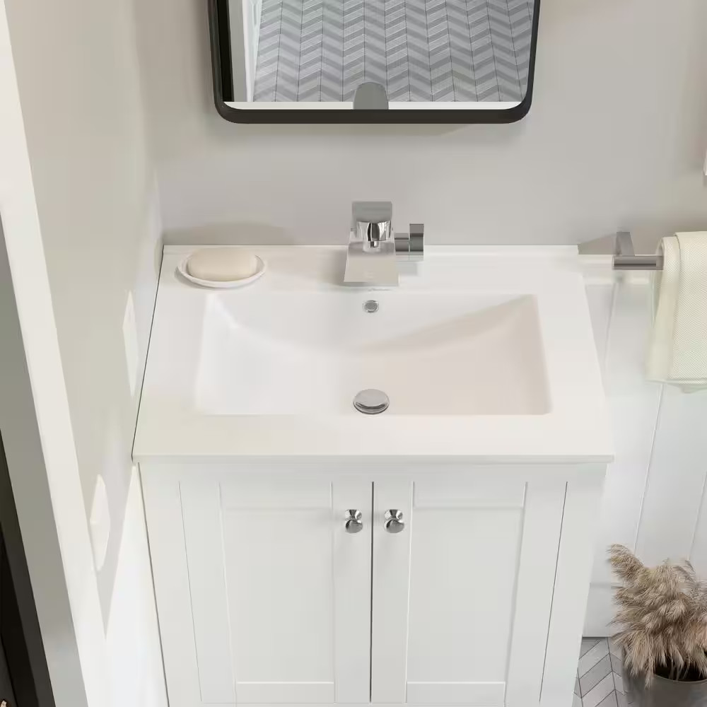24 In. Ceramic Single Faucet Hole Vanity Top in White with White Basin