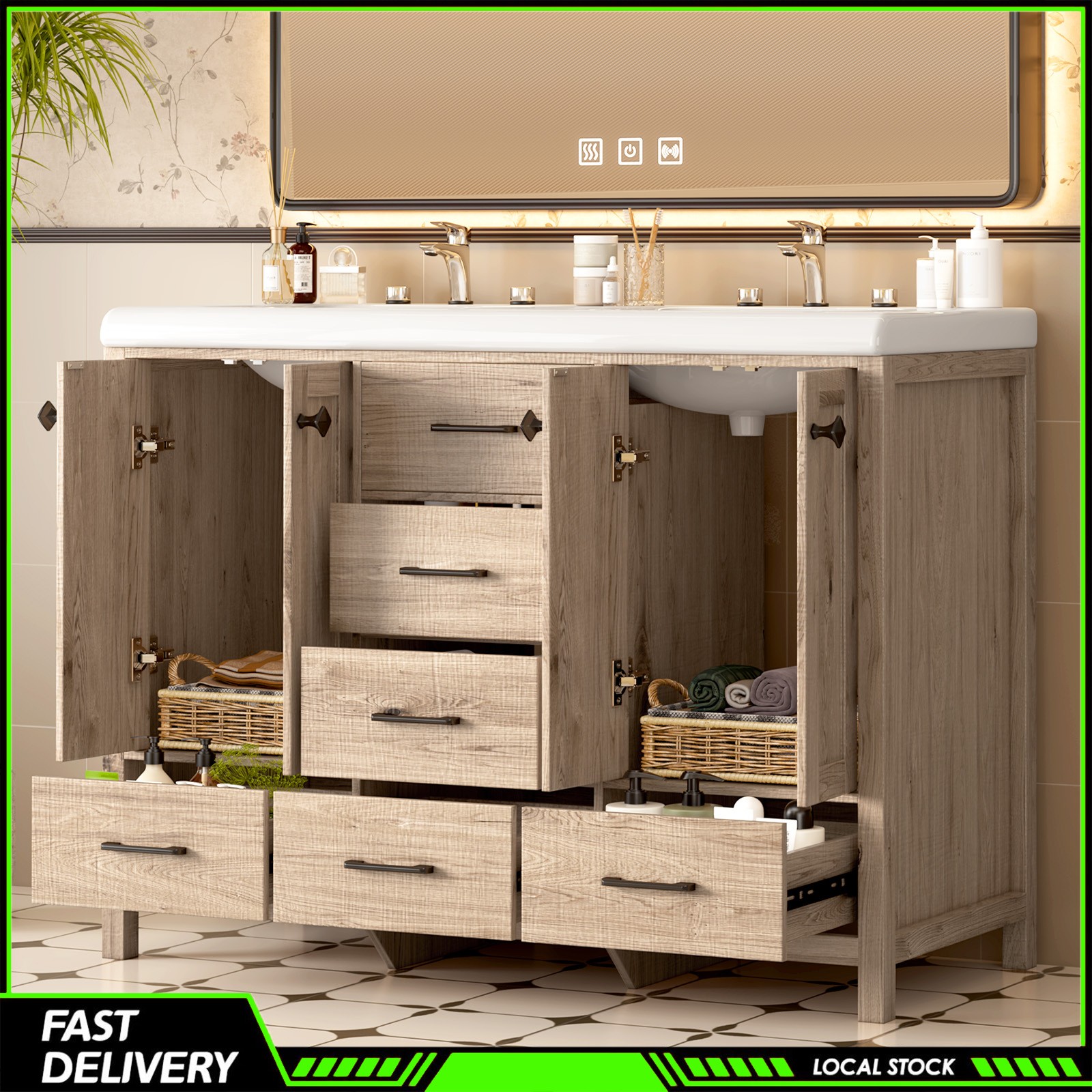Bathroom Vanity 47 Inch Double Ceramic Sinks Combo Storage Doors and Drawers