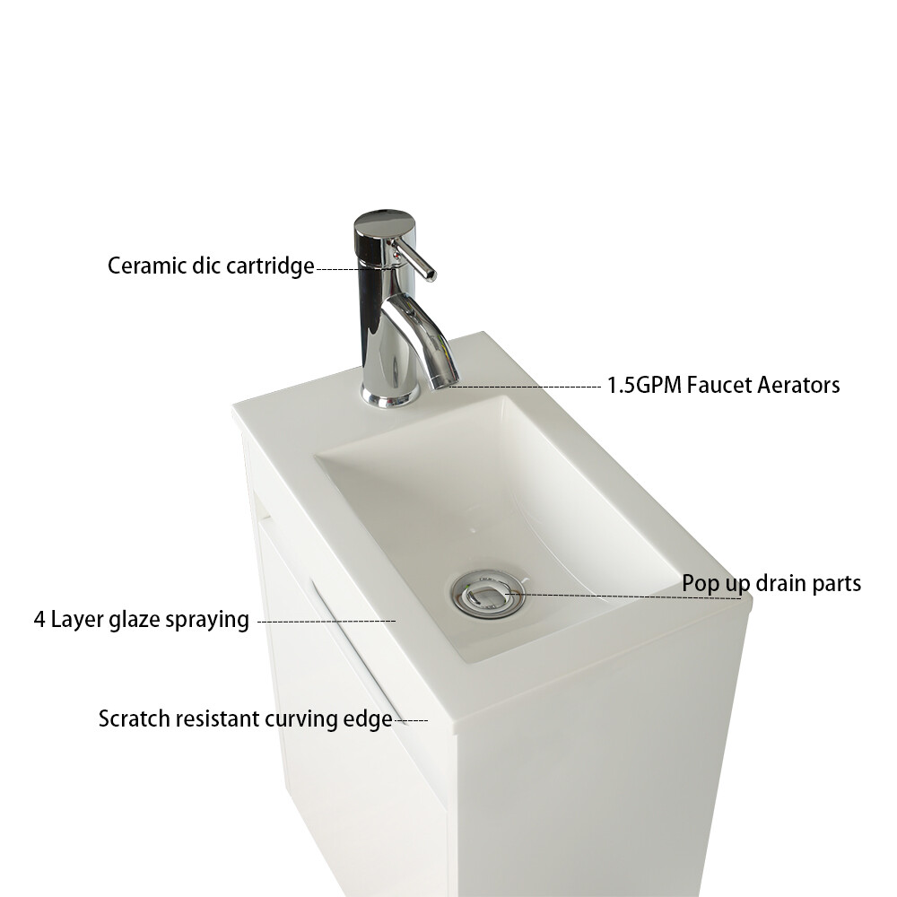 16″Bathroom Vanity Wall Mount Cabinet Resin Sink Faucet Vessel Drain Combo Set