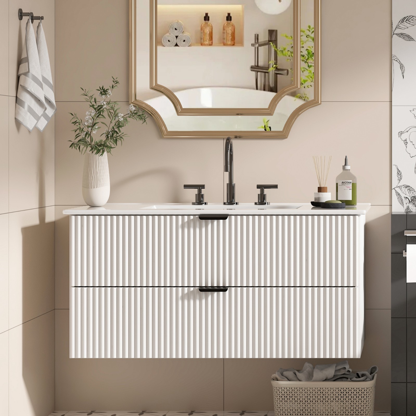 24″ 30″ 36″ Wall Mounted Bathroom Vanity w/Sink Floating Vanity Cabinet 2 Drawer