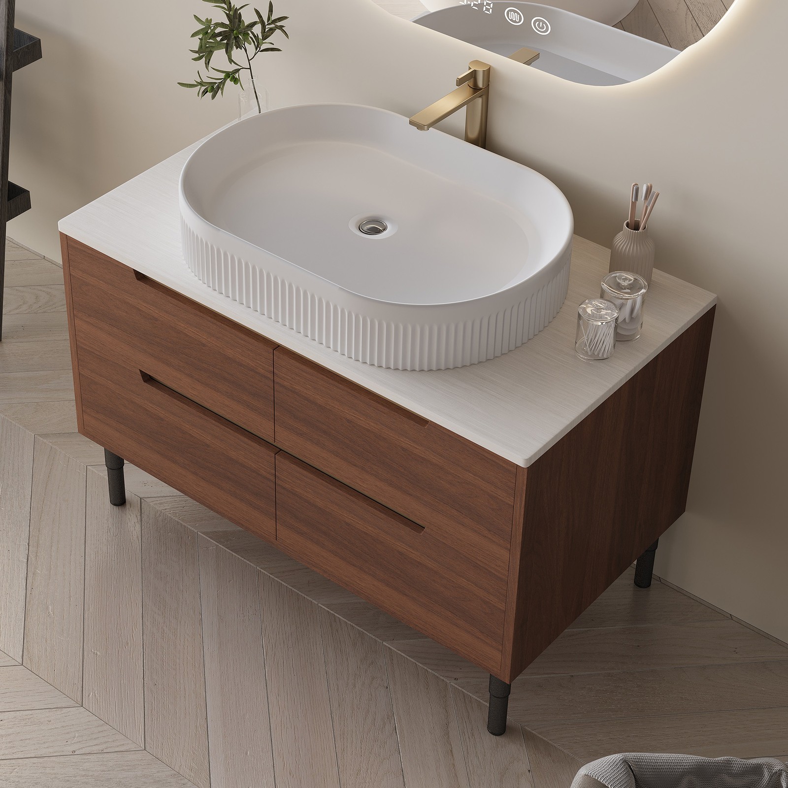 Bathroom Vanity w/Ceramic Integrated Sink, Storage Cabinet w/Soft-Close Drawers