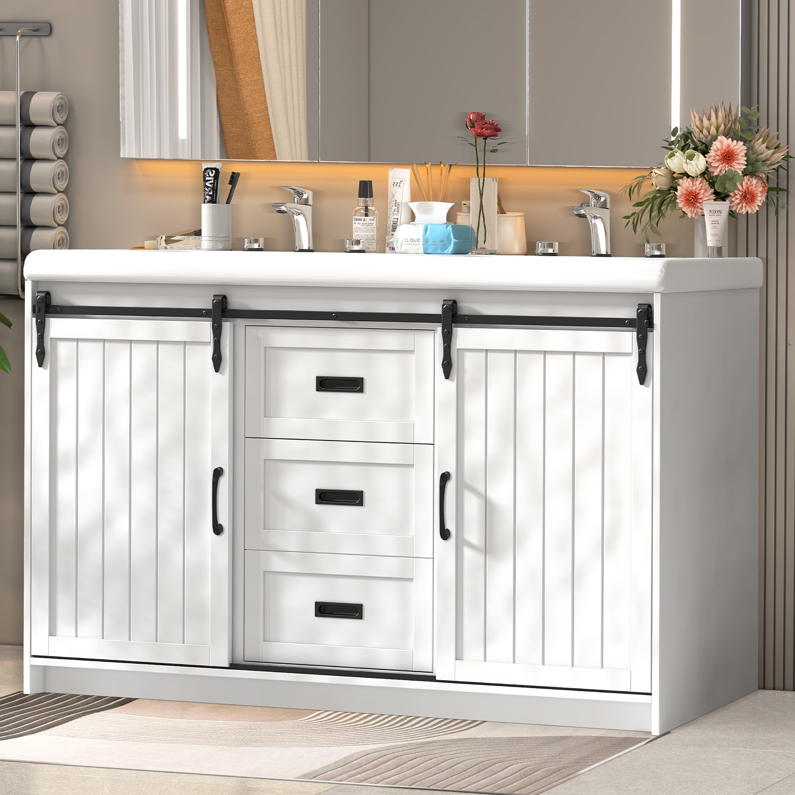 47″ Bathroom Double Sink Vanity Cabinet Ceramic Vessel Double Sink Cabinet White