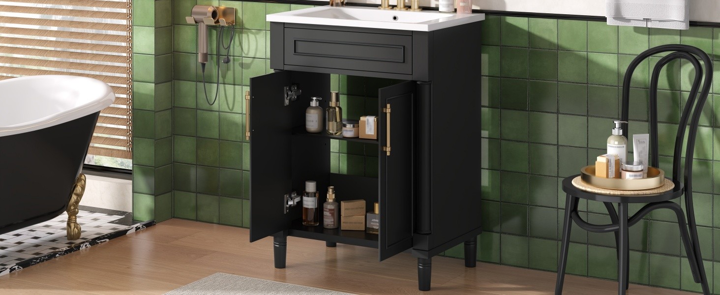 24″ Bathroom Vanity w/ Sink & 2 Doors, Black, 34.95″ H Solid Wood+MDF