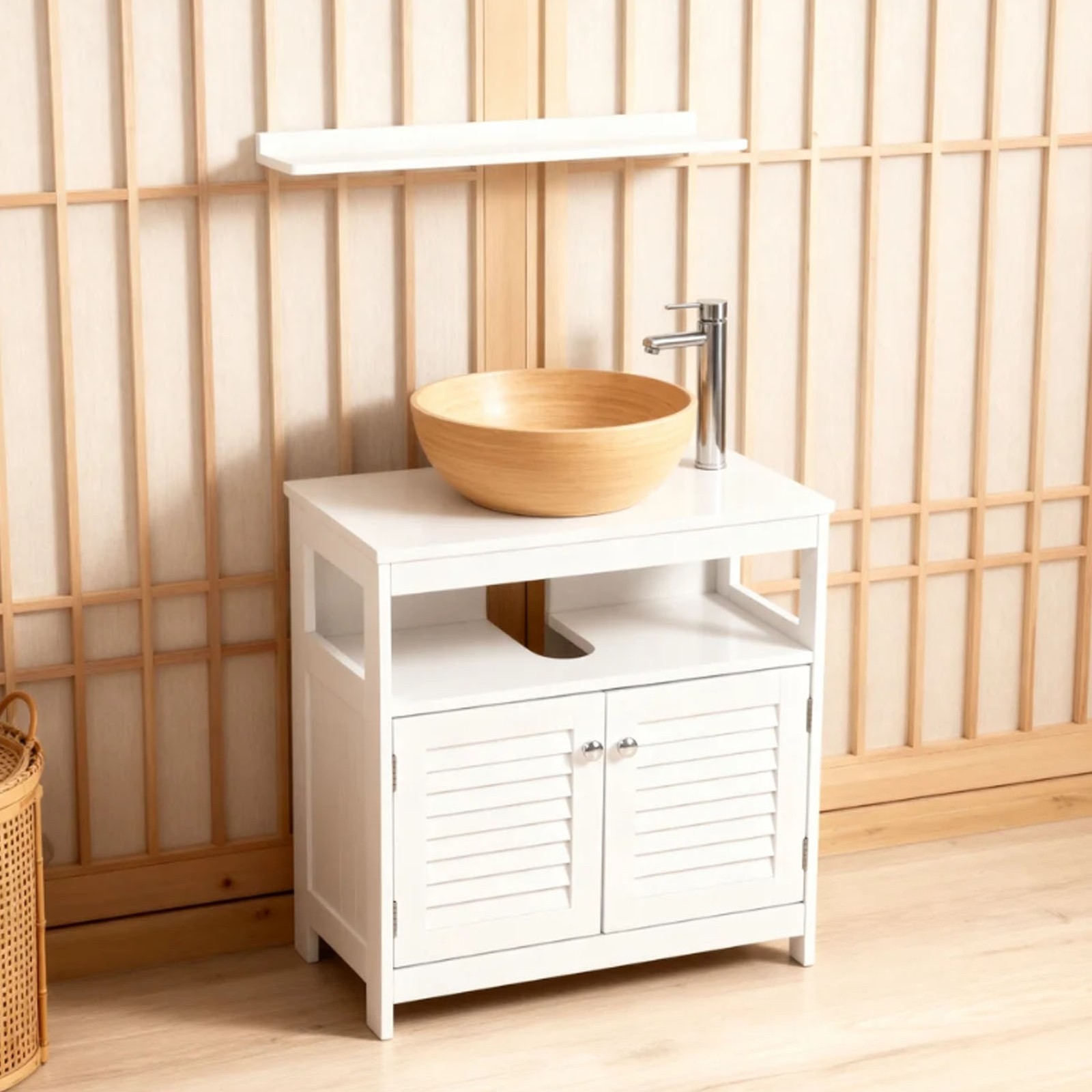 Bathroom Under Sink Storage Cabinet With 2 Doors Open Shelf White Furniture