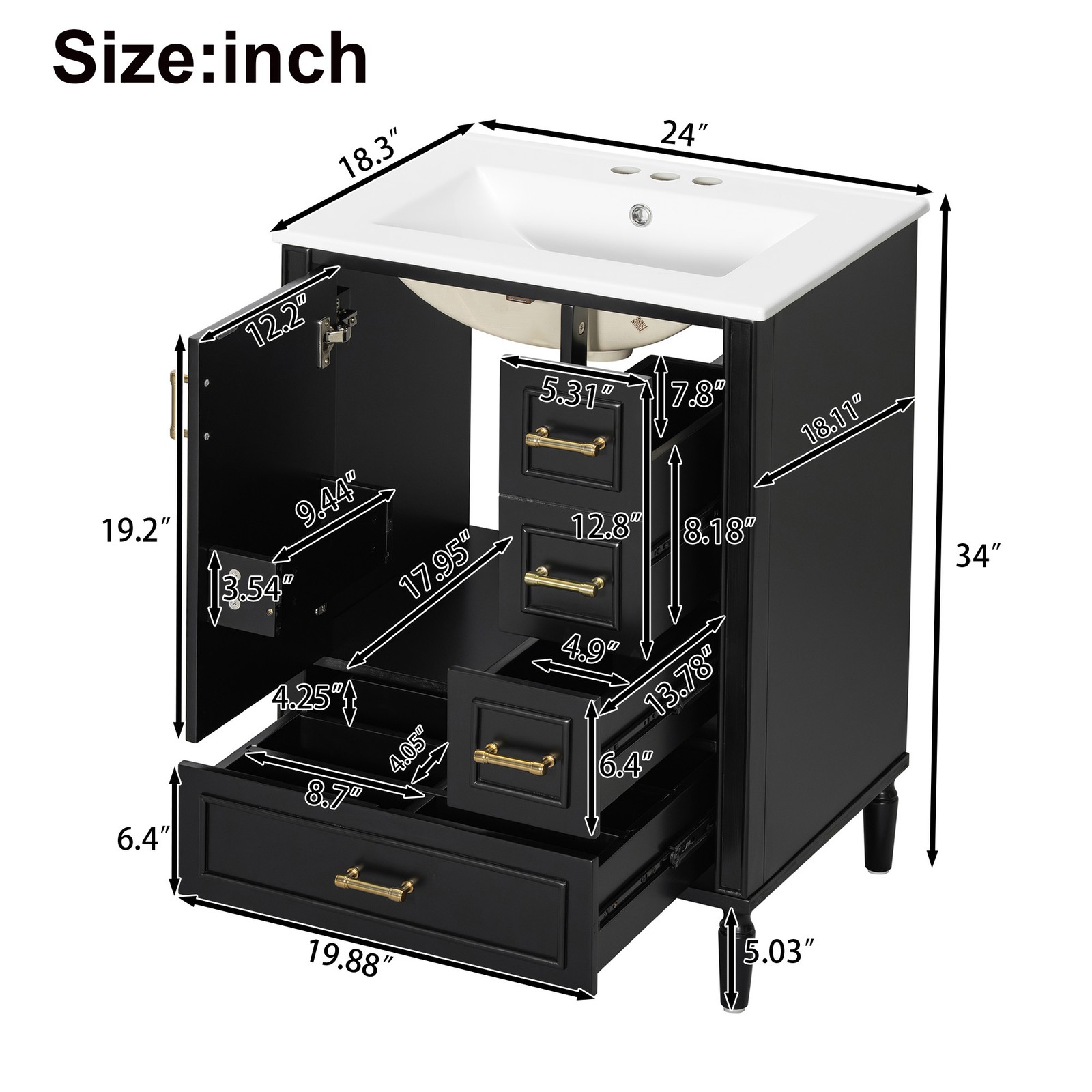 24″ Bathroom Vanity Set Floor Standing Bathroom Storage Cabinet w/Three Drawers