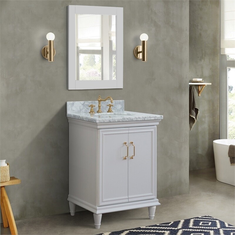 25 in. Single Wooden Vanity White with White Carrara Oval Sink