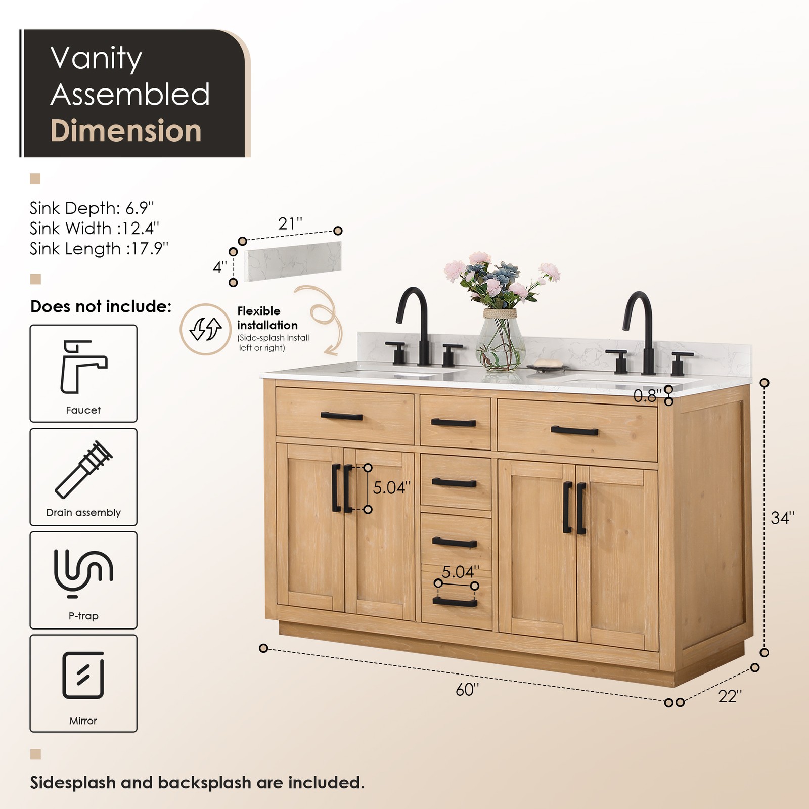 Gavino 60″ Wood Vanity in Light Brown with Composite Stone Top no Mirror