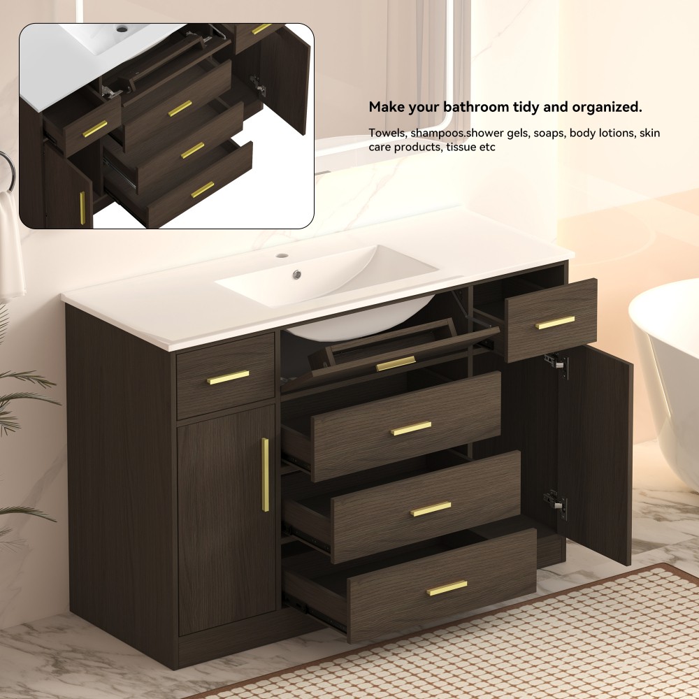 48″ Dark Brown Bathroom Vanity with Soft Close Doors and 6 Drawers