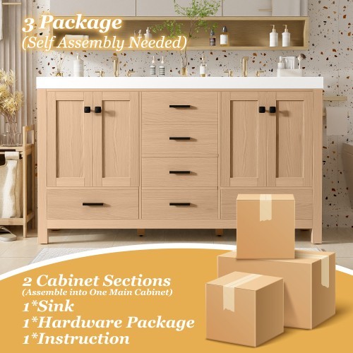 59.3″ Modern Bathroom Vanity w/4 Doors & 3 Drawers, Hidden Drawer Slides Wood