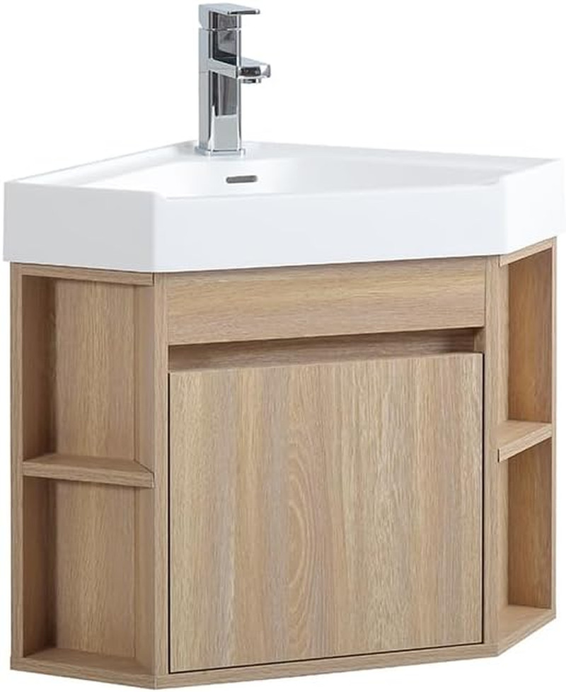 18 Inch Wall Mount Corner Bathroom Vanity with Matte Solid Surface (Light Oak)