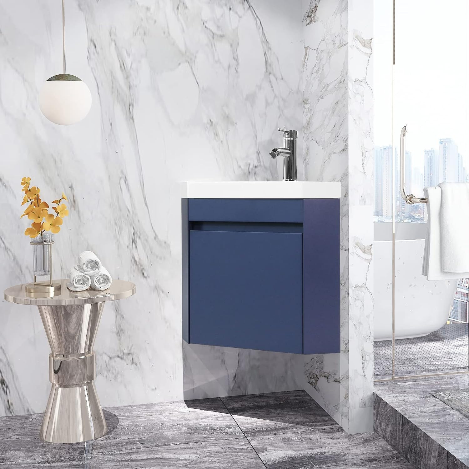 Navy 16″ Corner Bathroom Vanity Sink Combo with Chrome Faucet & Drain