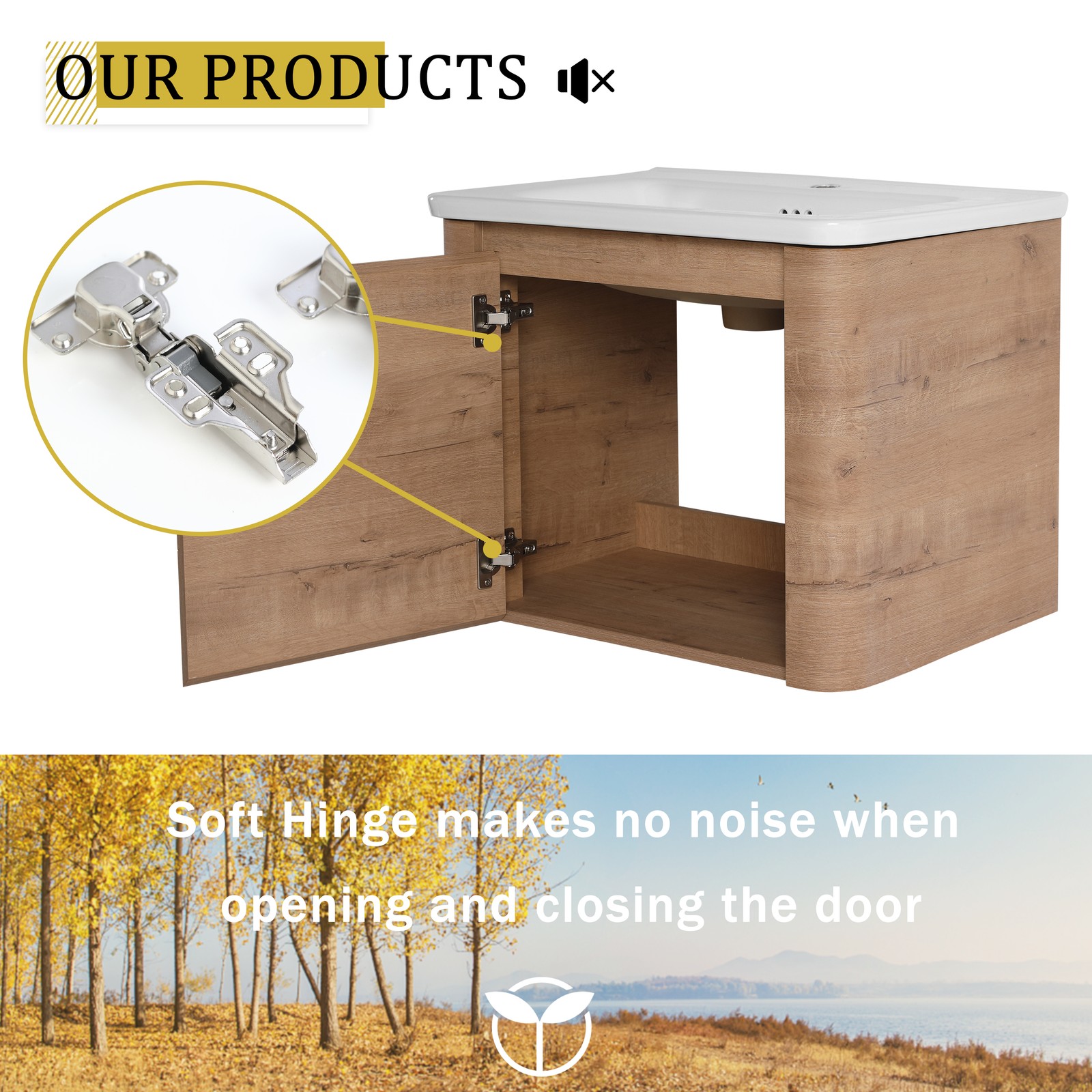 24″ Plywood Wall-Mounted Bathroom Vanity w/ White Ceramic Sink Soft-Close Door