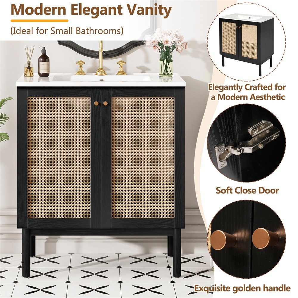 30″ Bathroom Vanity w/ Sink, Freestanding Vanity Storage Cabinet, 2 Rattan Doors