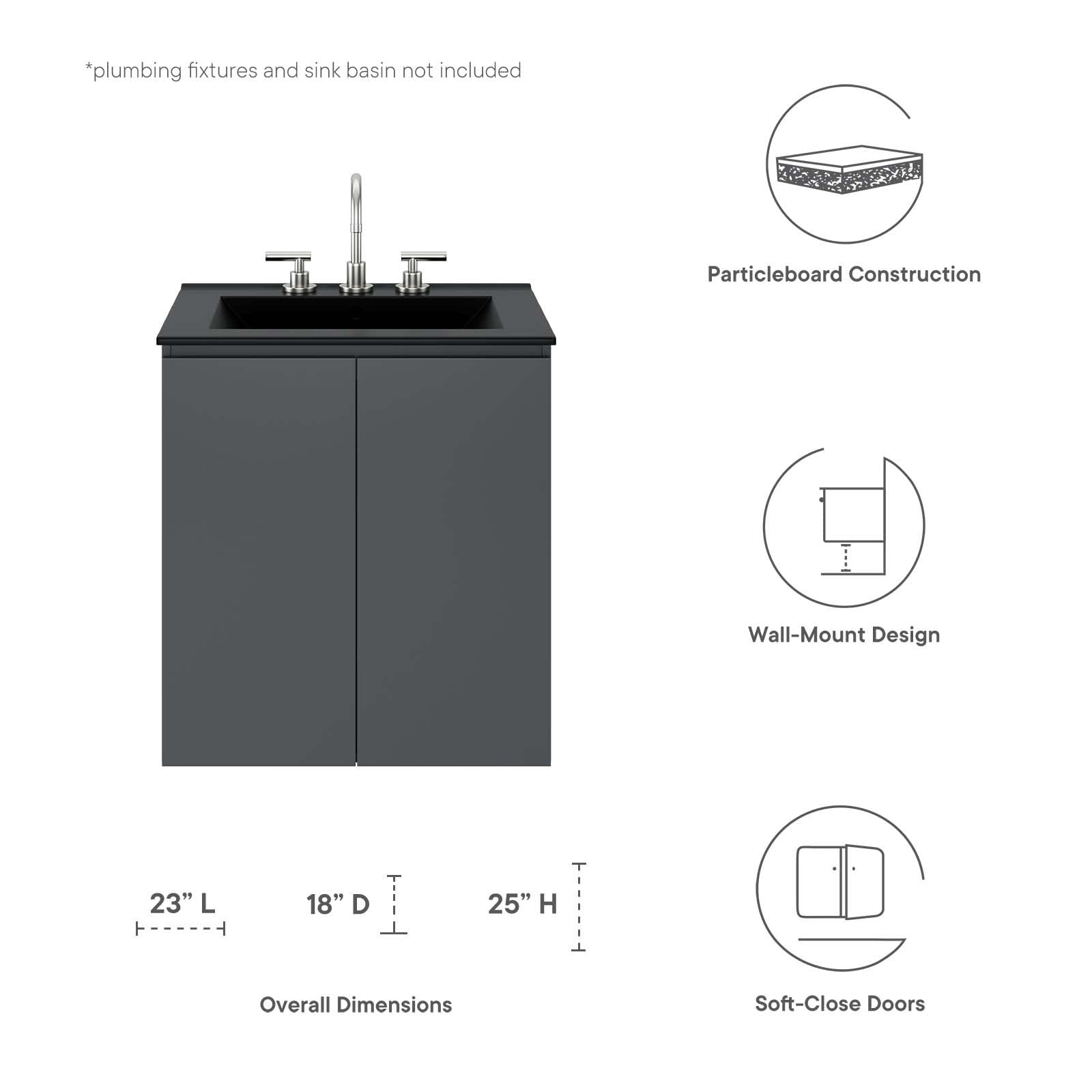 Modway Vitality 23″ Plastic and Wood Wall-Mount Bathroom Vanity in Gray
