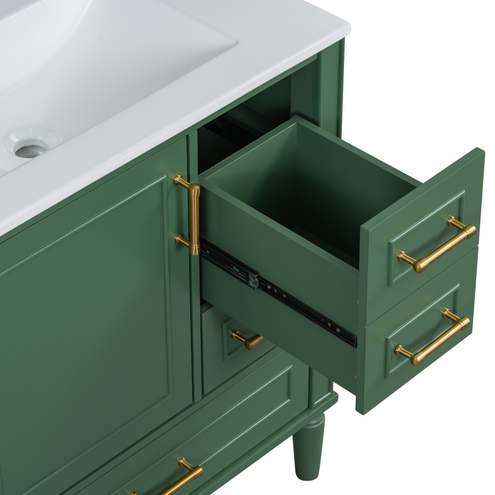 30″ Green Bathroom Vanity Ceramic Sink Soft Close Door 3 Drawers Storage Cabinet