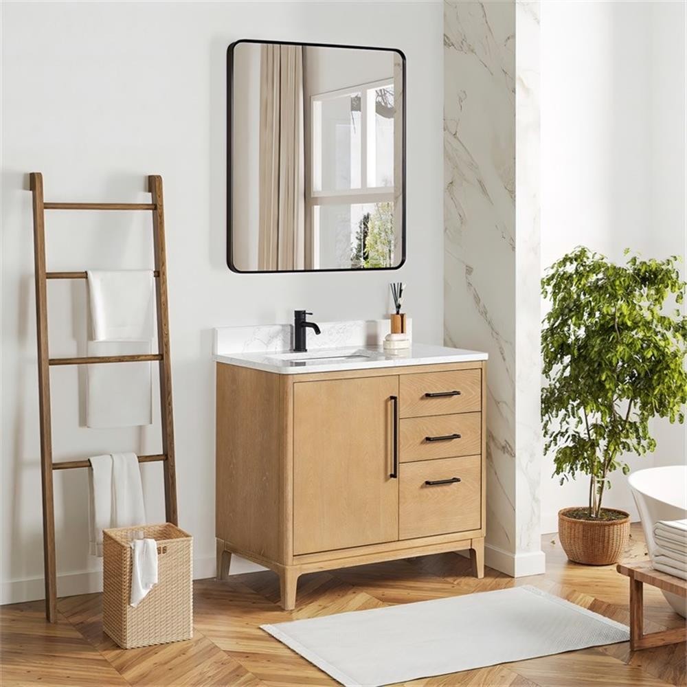 Pemberly Row Single Bath Vanity – Washed Ash Gray w/ White Grain Composite Stone