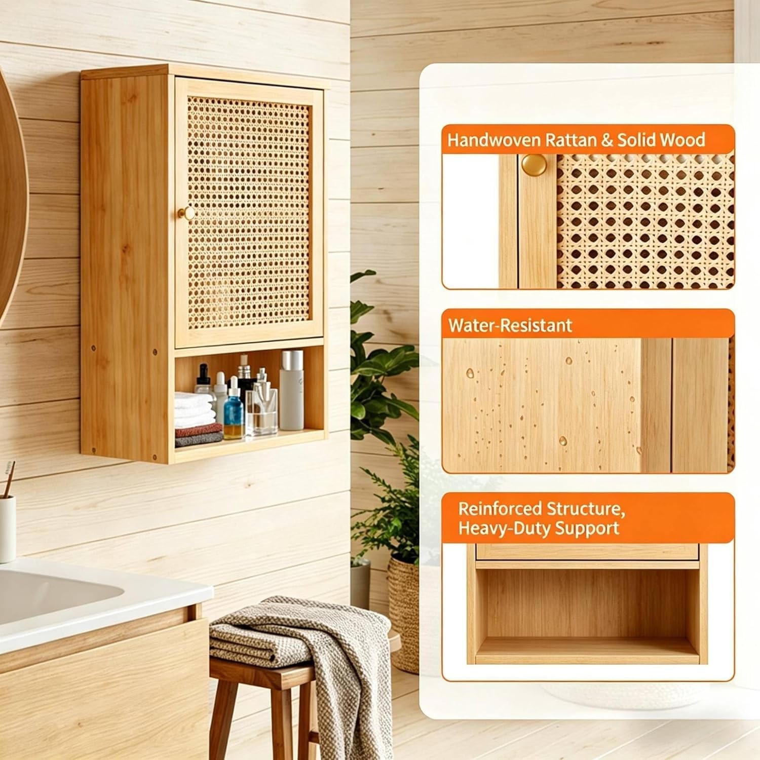 Garvee Rattan Door Bamboo Wall Storage Cabinet,Bathroom Medicine Cabinet,Kitchen