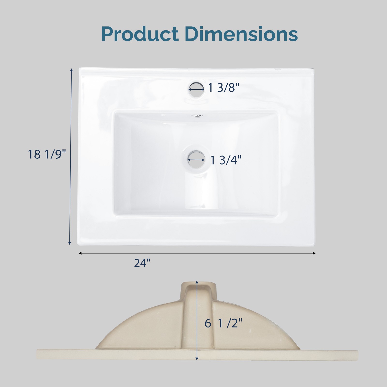 24″ Ceramic Vanity Top Sink, Modern Rectangular Bathroom Basin with Faucet Hole