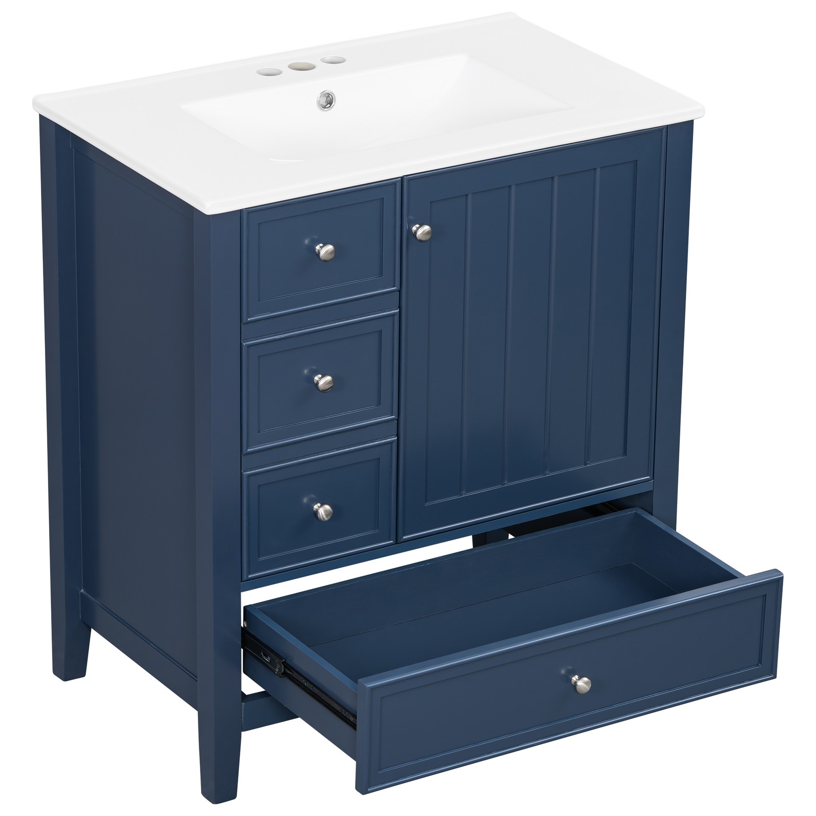 30″ Blue Bathroom Vanity with Sink, 1 Cabinet & 3 Drawers, Solid Wood & MDF