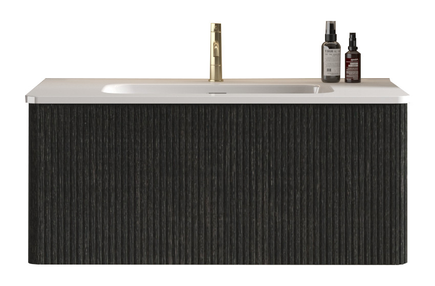 Etna 36″ Brushed Black Oak Floating Bathroom Vanity with White Ceramic Sink