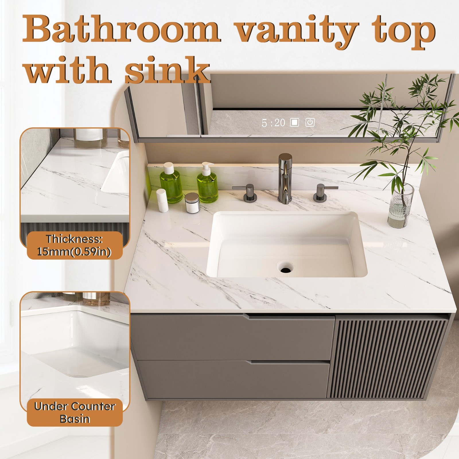 37″ White Marble Vanity Top w/ Undermount Sink, 3 Holes, 4″ Backsplash