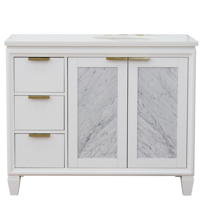 Trento 43″ Solid Wood Vanity with Right Oval Sink in White Quartz Stone